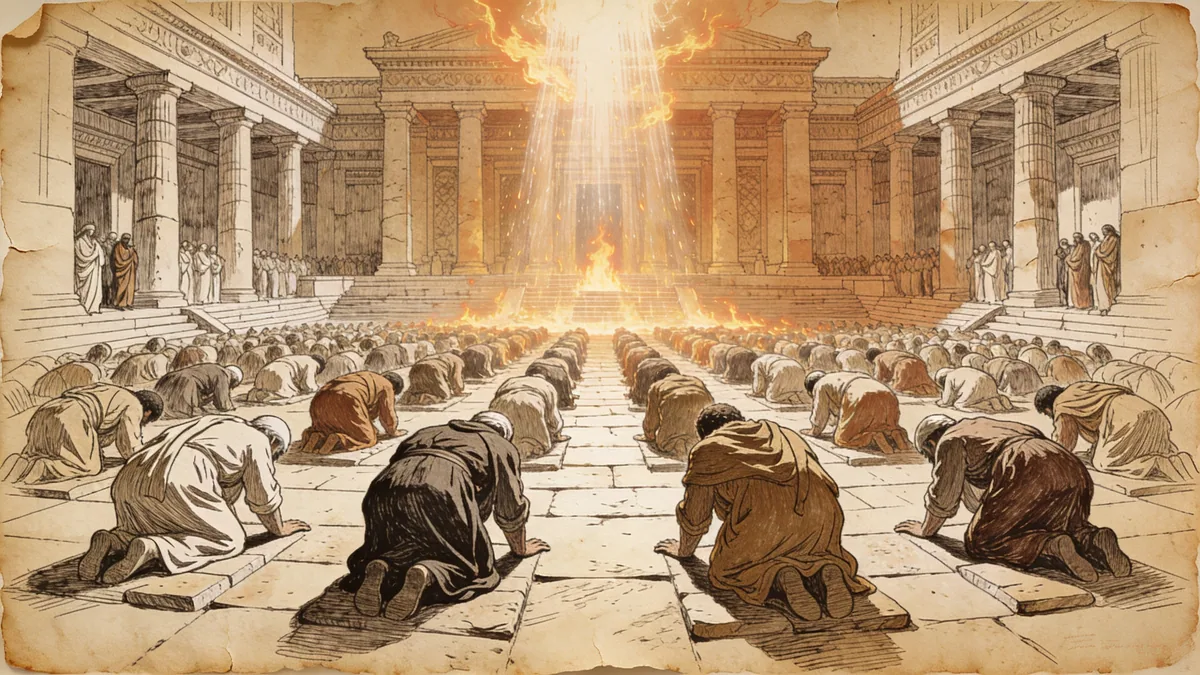 Hand-drawn ink illustration: Fire at Temple Dedication