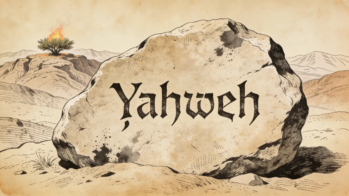 Visual depiction of The divine name Yahweh in ancient paleo-Hebrew script on a stone fragment
