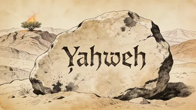 Visual depiction of The divine name Yahweh in ancient paleo-Hebrew script on a stone fragment