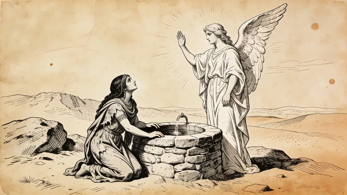 Hand-drawn ink illustration: Angel of YHWH to Hagar