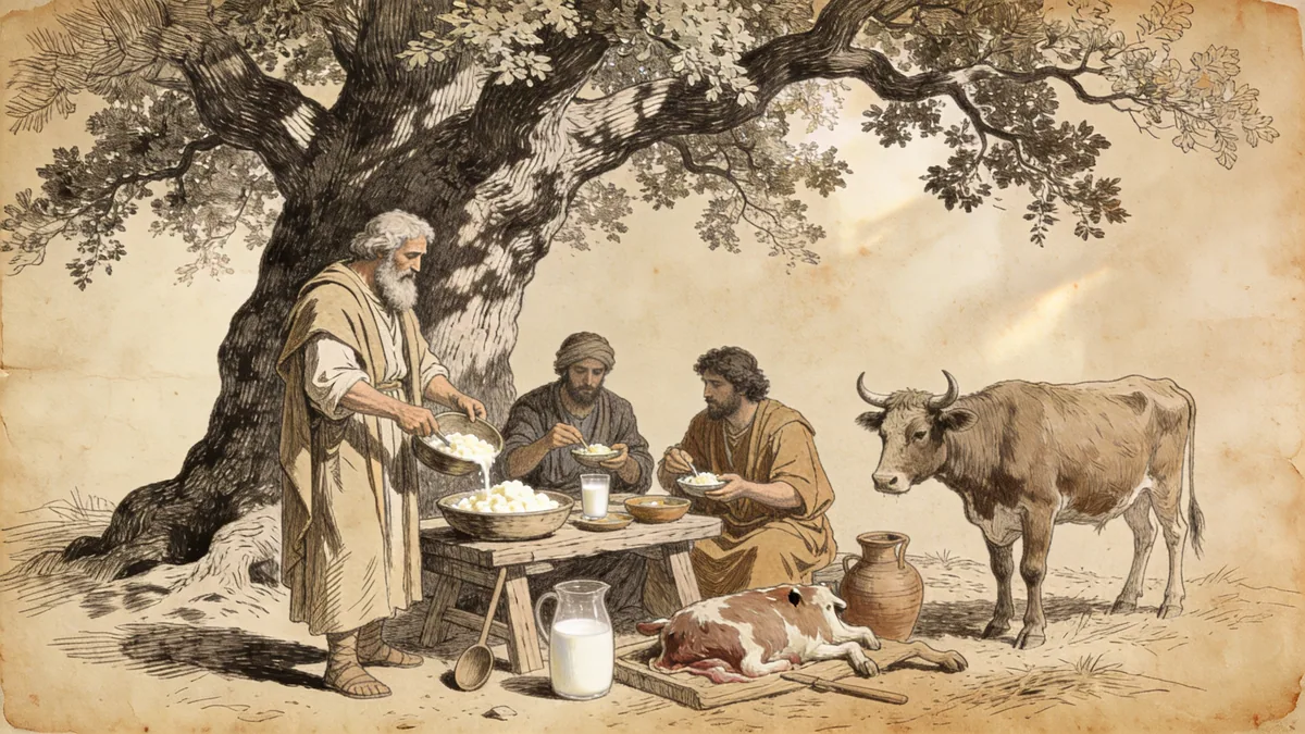 Hand-drawn ink illustration: The Visitors at Mamre