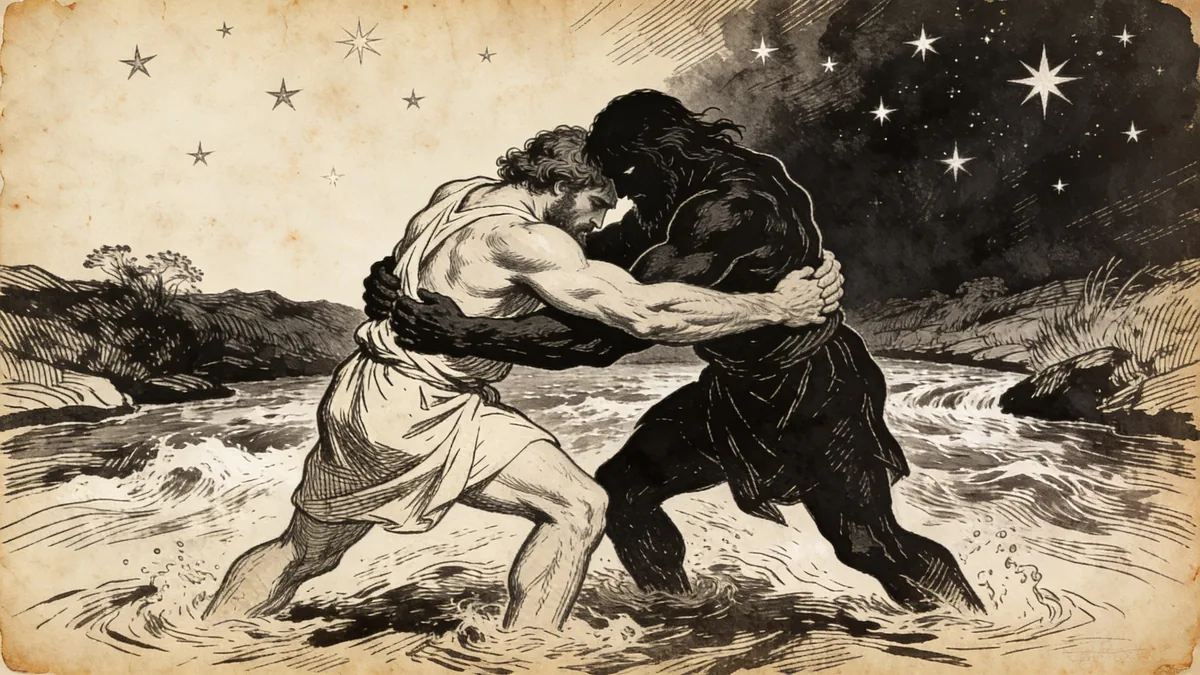 Hand-drawn ink illustration: Jacob Wrestles God