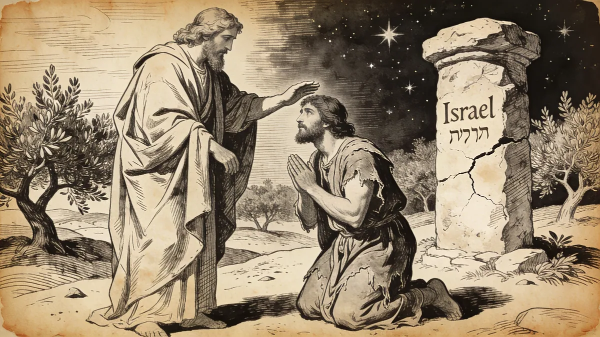 Hand-drawn ink illustration: God Appears Again to Jacob