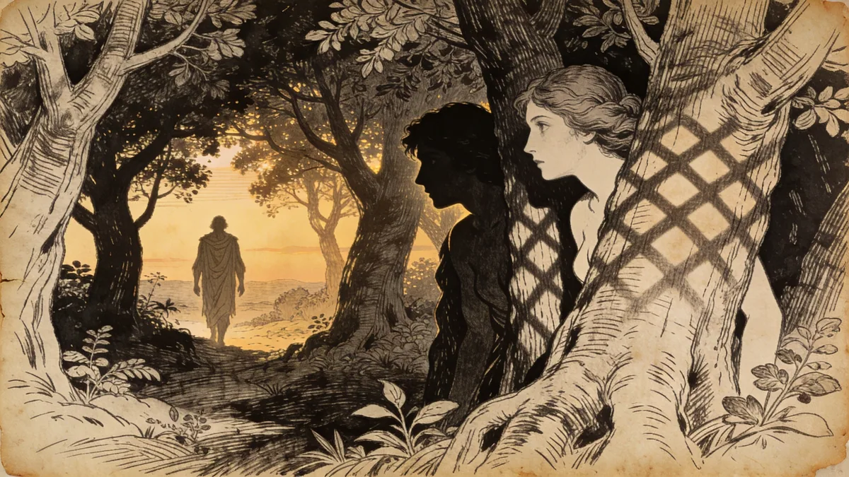 Hand-drawn ink illustration: God in the Garden