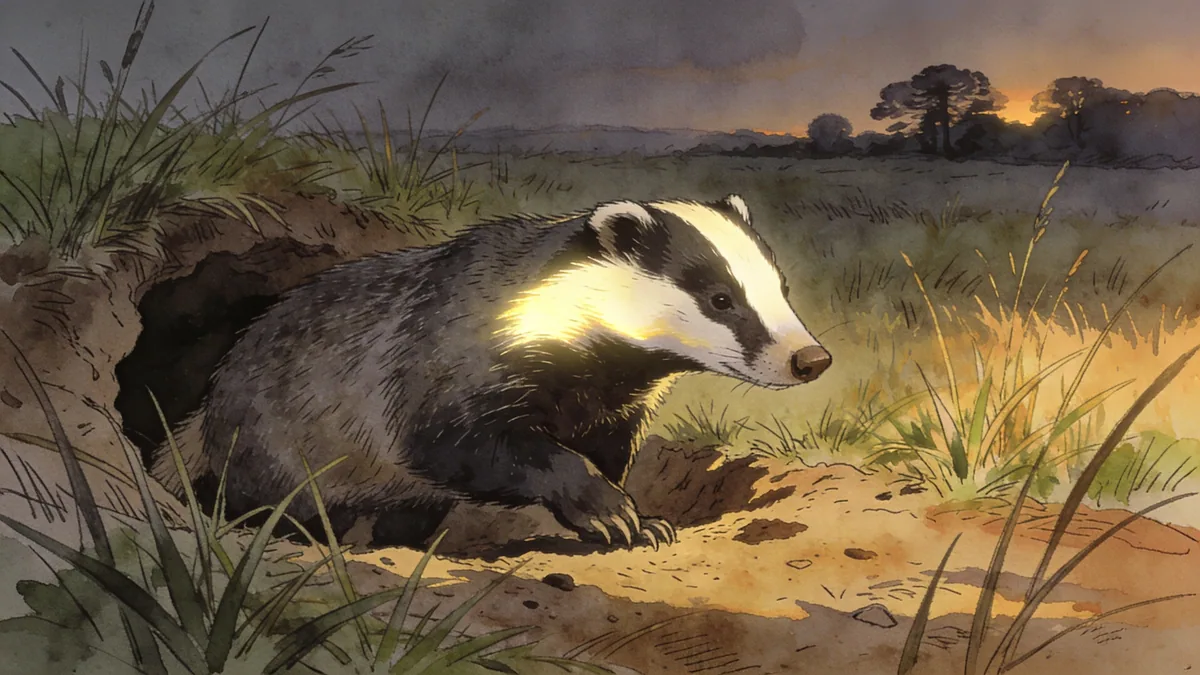 Visual depiction of A badger emerging from its sett at dusk in a grassy meadow