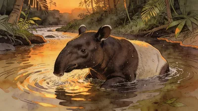 Visual depiction of A Baird's tapir bathing in a jungle stream at dusk