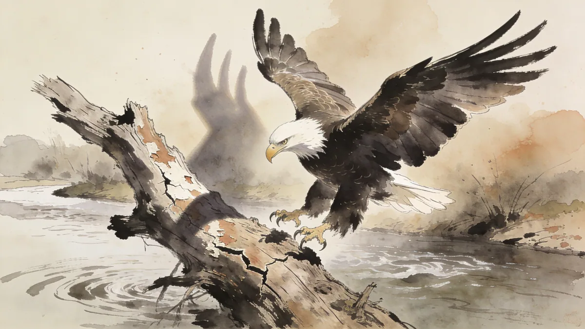 Visual depiction of A bald eagle landing on a weathered dead snag above a river