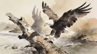 Visual depiction of A bald eagle landing on a weathered dead snag above a river