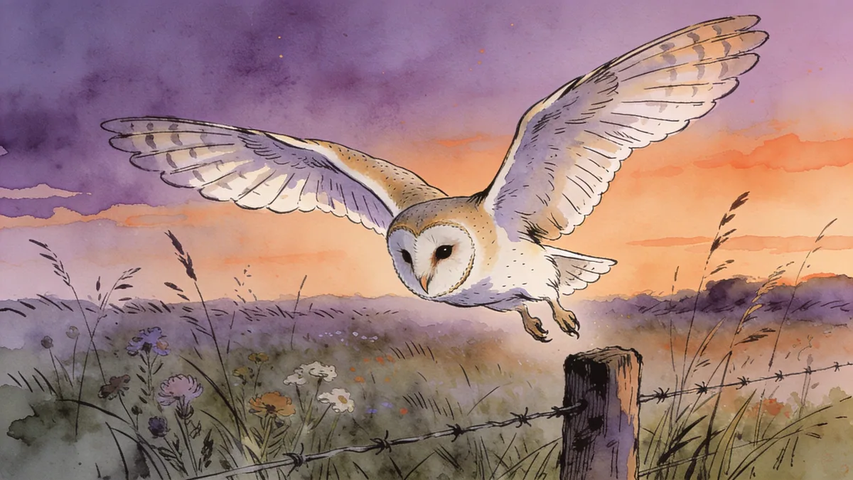 Visual depiction of A barn owl launching silently from a fence post at twilight over a meadow