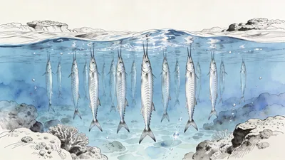 Visual depiction of A barracuda school hanging motionless in a strong current over a reef