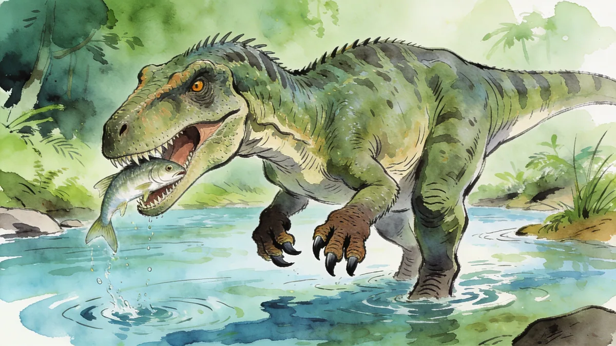 Visual depiction of A Baryonyx fishing in a shallow Cretaceous river