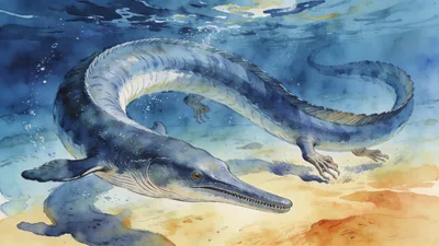 Visual depiction of A Basilosaurus — ancient serpentine whale — writhing through a warm Eocene sea