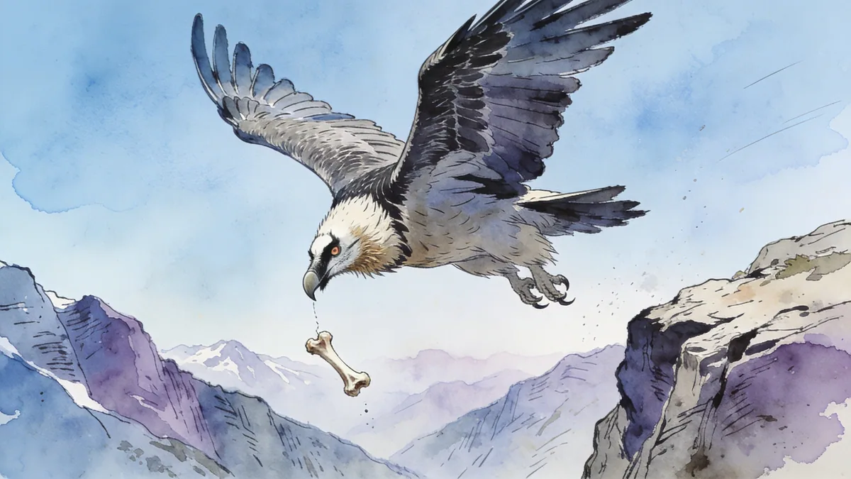 Visual depiction of A bearded vulture dropping a bone from a great height above an alpine valley