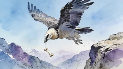 Visual depiction of A bearded vulture dropping a bone from a great height above an alpine valley