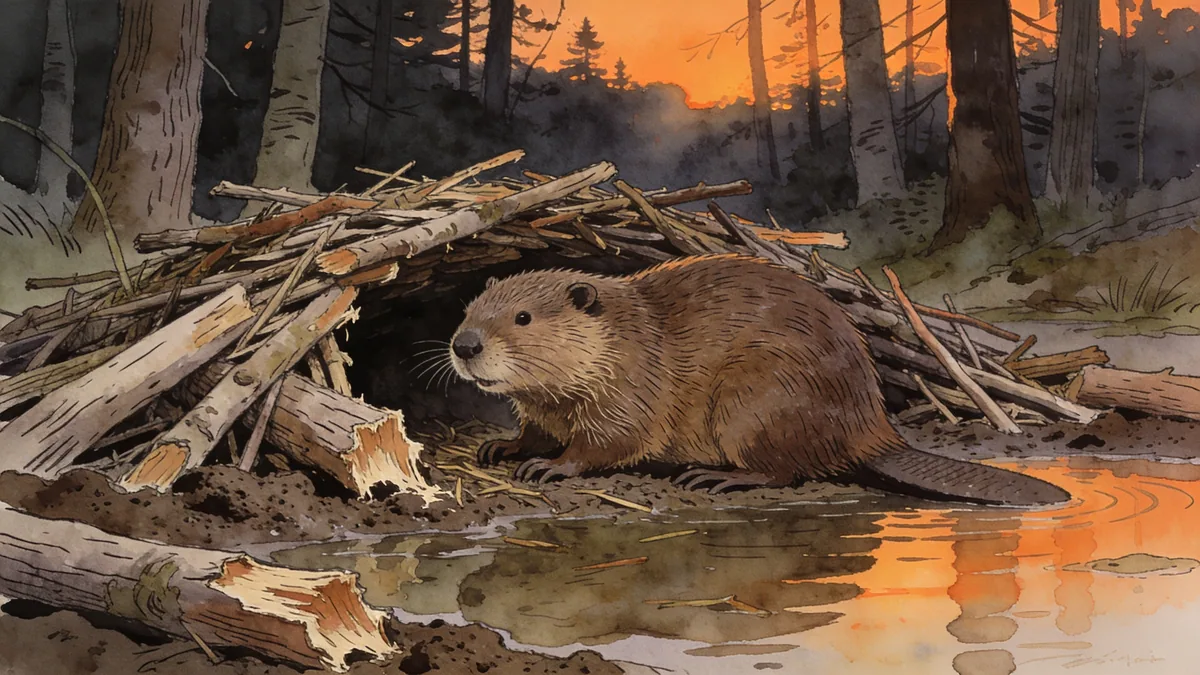 Visual depiction of A beaver building its dam in a forest pond at twilight