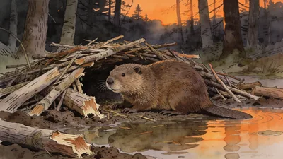 Visual depiction of A beaver building its dam in a forest pond at twilight