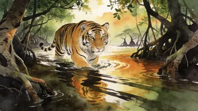 Visual depiction of A Bengal tiger wading through a mangrove forest creek at high tide