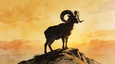 Visual depiction of A bighorn sheep ram silhouetted on a high ridge at golden hour