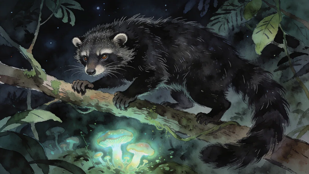 Visual depiction of A binturong moving through a Southeast Asian rainforest canopy at night