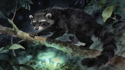 Visual depiction of A binturong moving through a Southeast Asian rainforest canopy at night