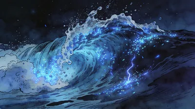 Visual depiction of A bioluminescent plankton bloom lighting a breaking wave at night