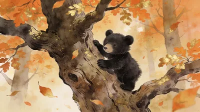 Visual depiction of A black bear cub climbing a gnarled oak tree in autumn forest