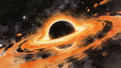 Visual depiction of A black hole with its accretion disk glowing orange as matter spirals in