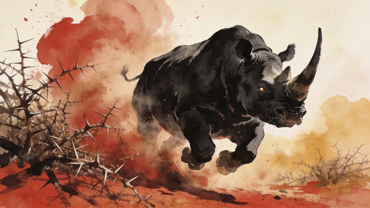 Visual depiction of A black rhinoceros charging through dry thornbush