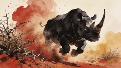 Visual depiction of A black rhinoceros charging through dry thornbush