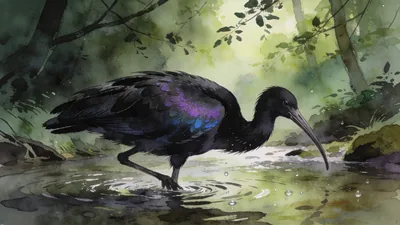 Visual depiction of A black stork wading silently in a shallow Carpathian forest stream