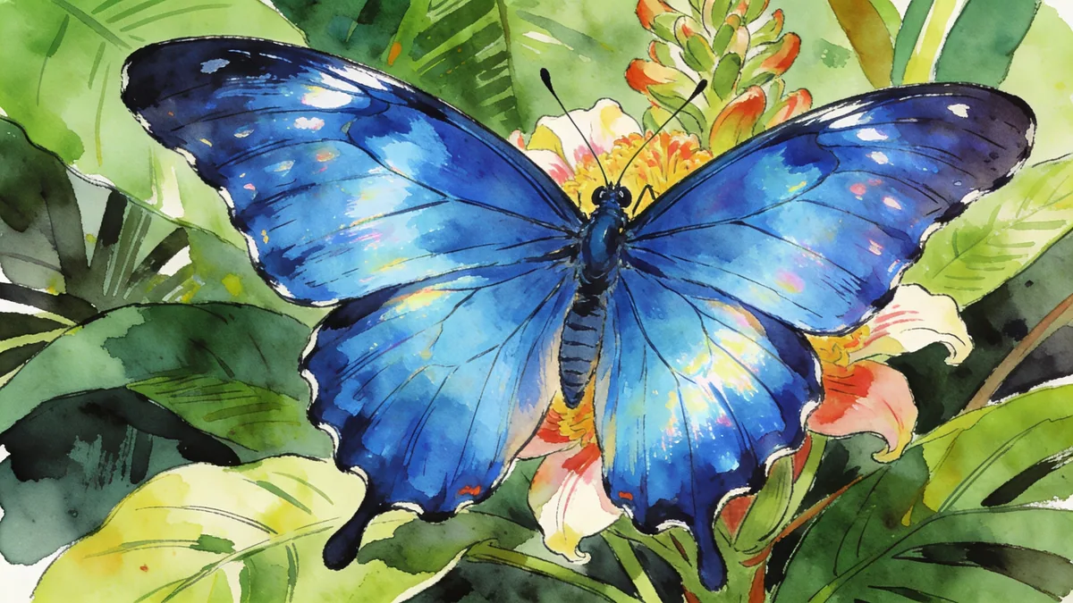 Visual depiction of A blue morpho butterfly landing on a jungle flower