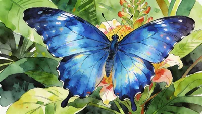 Visual depiction of A blue morpho butterfly landing on a jungle flower