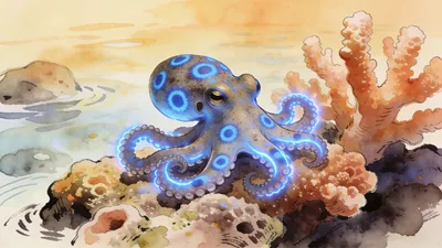 Visual depiction of A blue-ringed octopus with vivid blue rings flashing warning on a coral reef