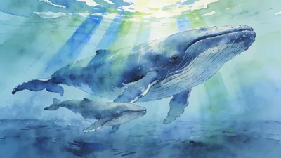 Visual depiction of A blue whale mother and calf moving through sunlit open ocean