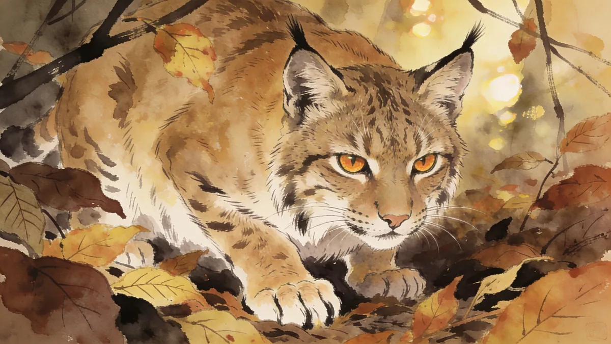 Visual depiction of A bobcat crouched in deep autumn leaf litter