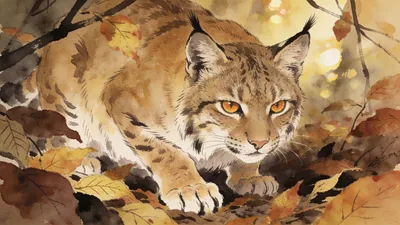 Visual depiction of A bobcat crouched in deep autumn leaf litter