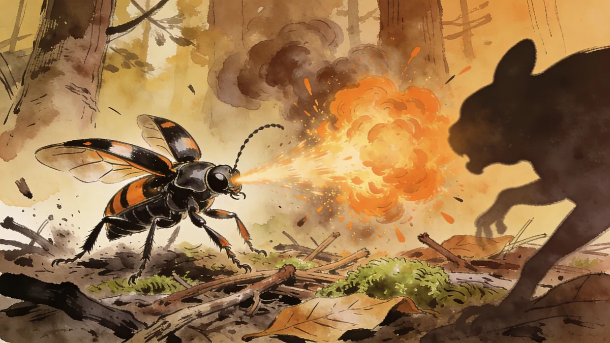 Visual depiction of A bombardier beetle spraying a boiling chemical blast at a predator