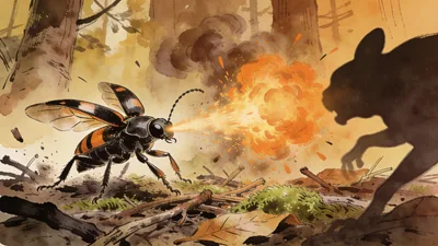 Visual depiction of A bombardier beetle spraying a boiling chemical blast at a predator