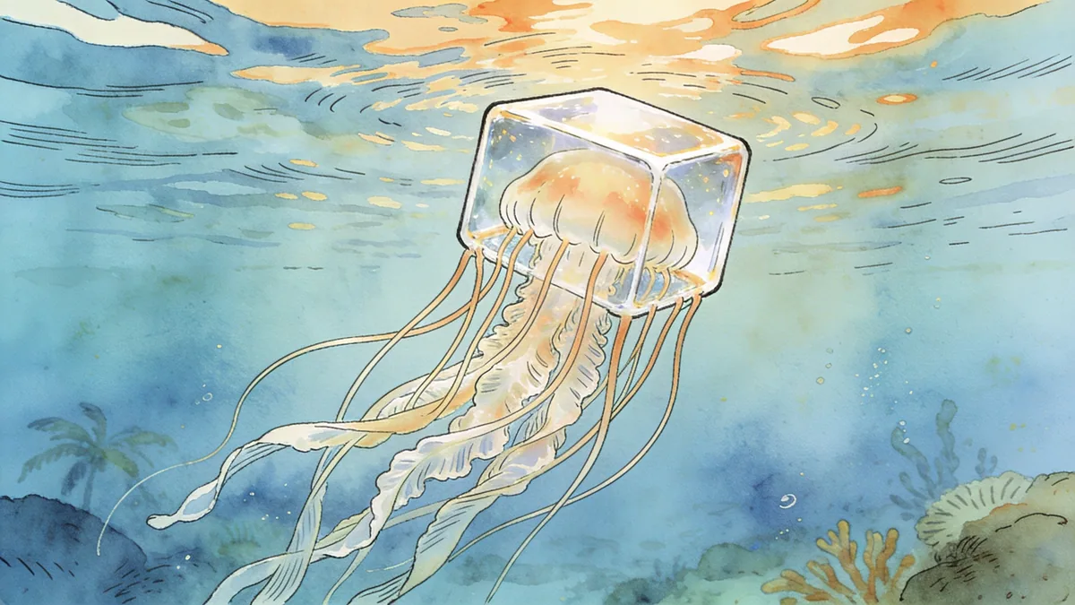 Visual depiction of A box jellyfish trailing long tentacles in open tropical water