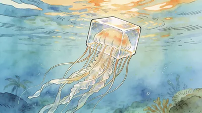 Visual depiction of A box jellyfish trailing long tentacles in open tropical water
