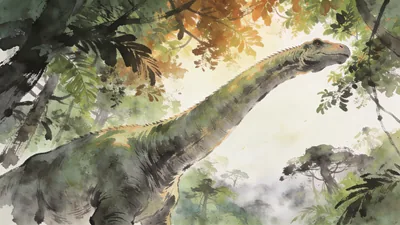 Visual depiction of A Brachiosaurus stretching its neck into the canopy of a Jurassic forest