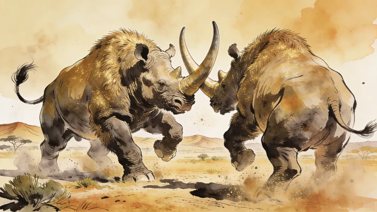 Visual depiction of A Brontotherium — giant rhinoceros-like mammal — in combat on an Oligocene plain
