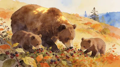 Visual depiction of A brown bear mother with two cubs at a berry patch on a hillside in late summer