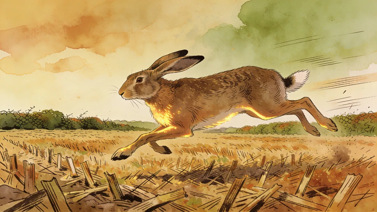 Visual depiction of A brown hare in full gallop across an autumn stubble field