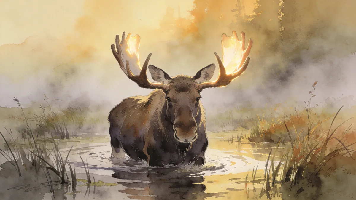 Visual depiction of A bull moose wading through a misty marsh at golden hour