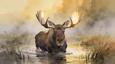 Visual depiction of A bull moose wading through a misty marsh at golden hour