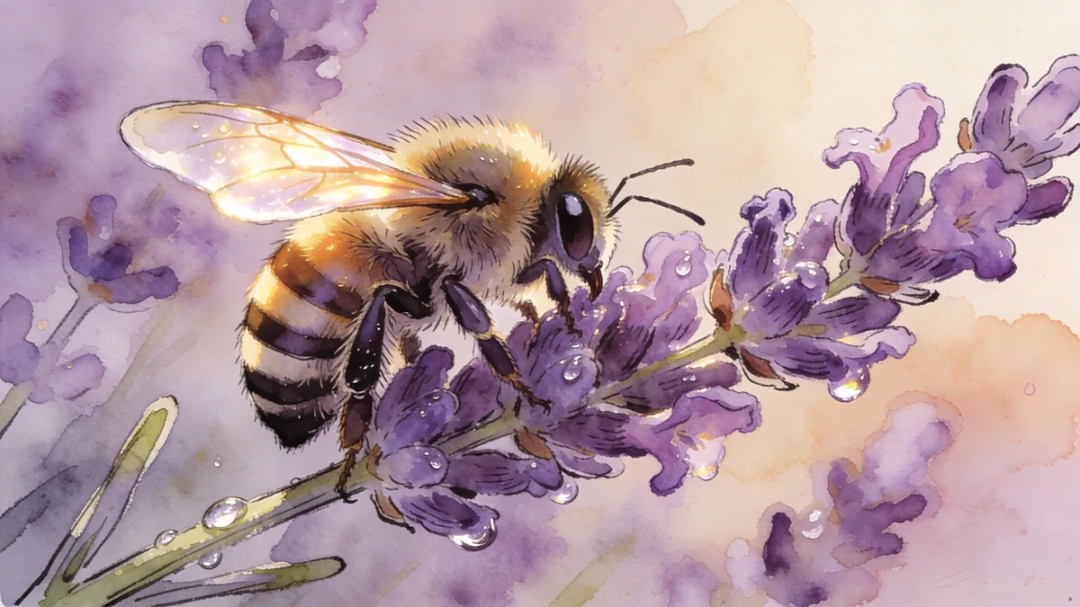 Visual depiction of A bumblebee on a lavender stem in morning dew