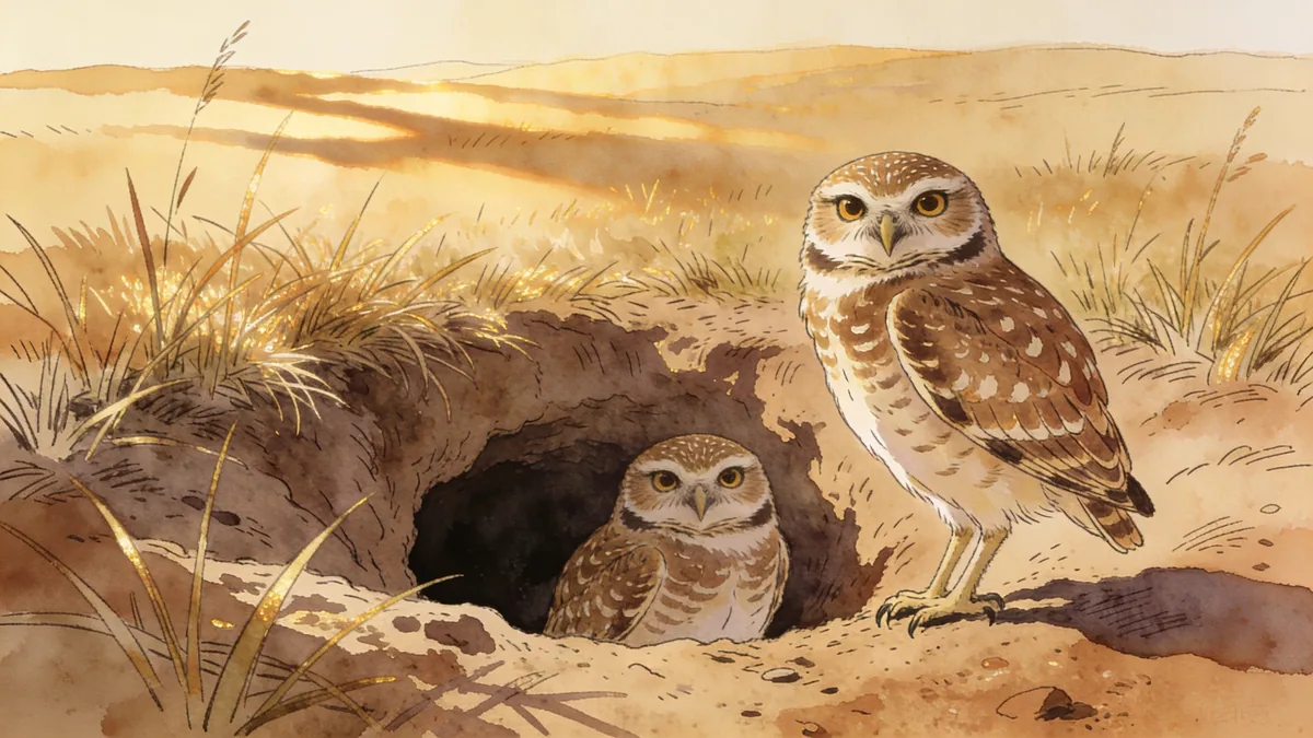 Visual depiction of A burrowing owl pair at the entrance to their underground nest in open grassland
