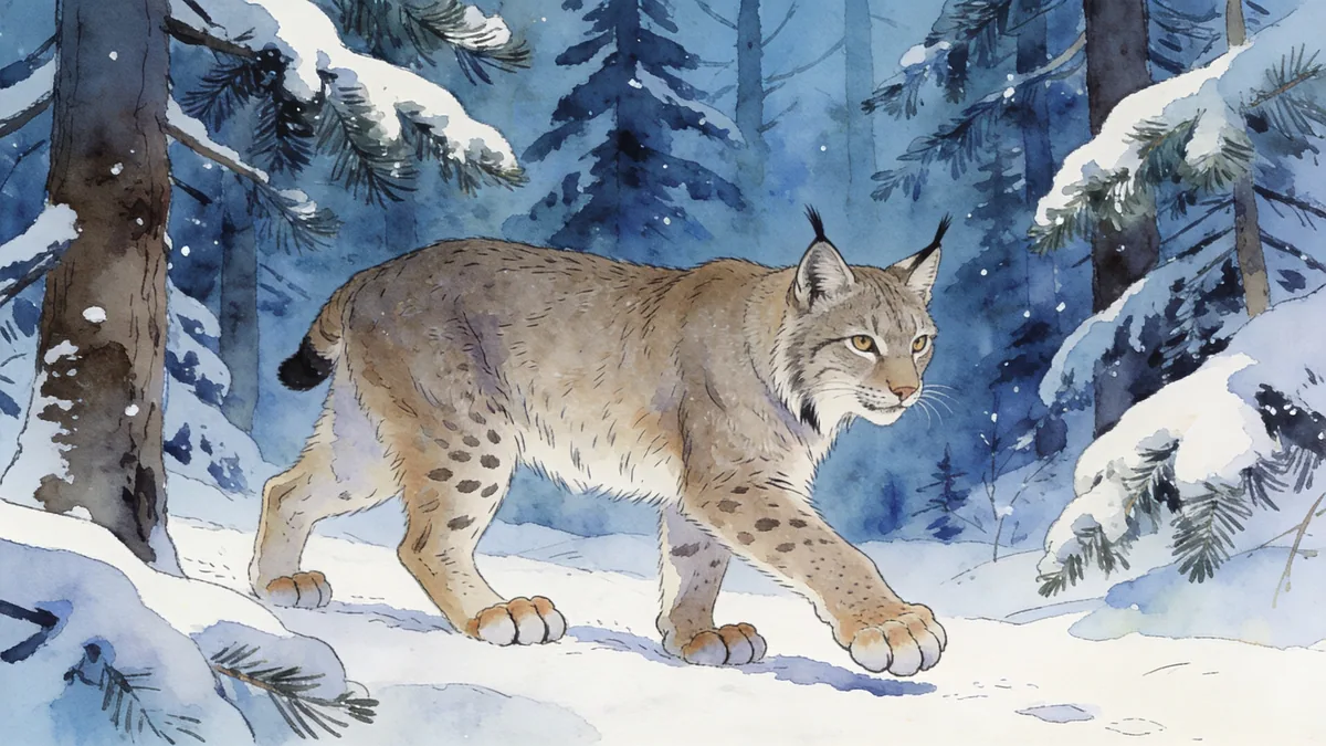 Visual depiction of A Canada lynx walking silently through a snow-filled pine forest