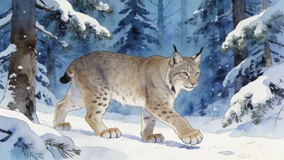 Visual depiction of A Canada lynx walking silently through a snow-filled pine forest